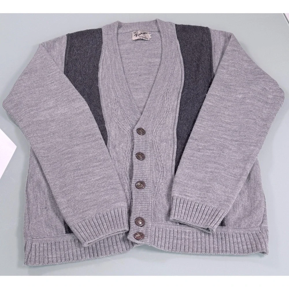 VTG Karina Sweaters Cardigan Mens M Gray V-Neck Long Sleeve CozyCore Preppy‎